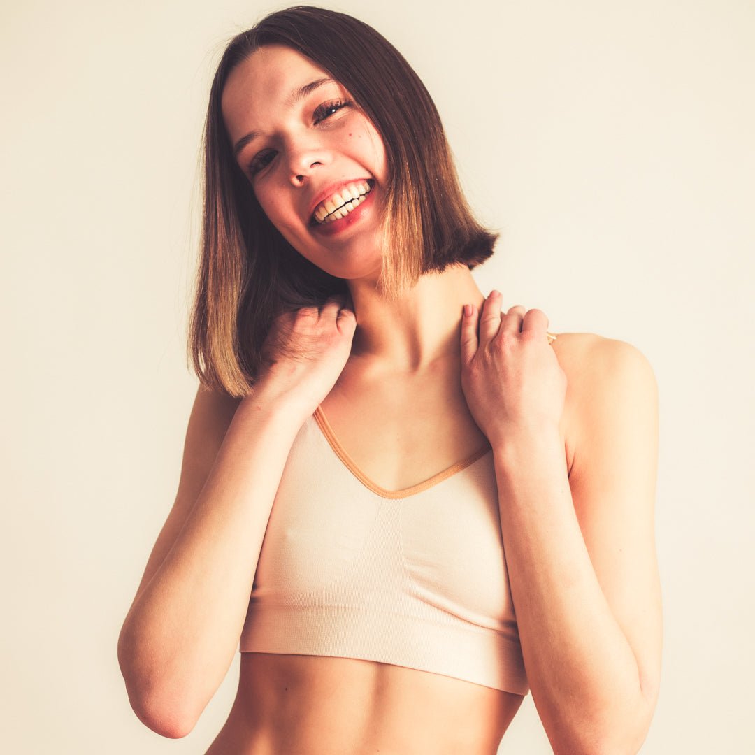 SOFT DAY BRA with BACK CLOSURE BRABAR. Super soft, supportive, wireless bra fits C, D, DD/E, DDD/F cup size teens nude bra