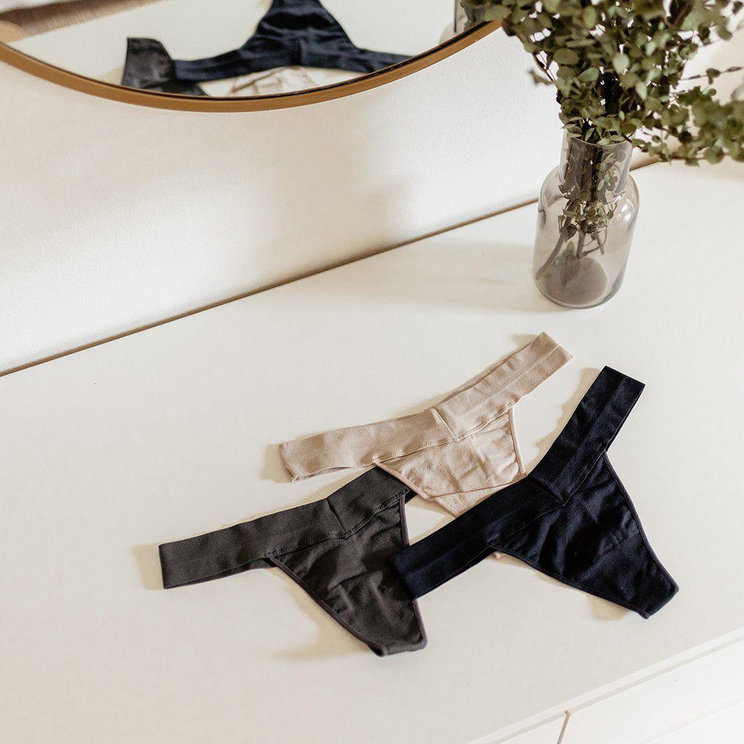 UNDIES COMFY MIDI THONG UNDERWEAR | 3 pack, BRABAR, SEAMLESS UNDERWEAR, Small/MediumBlack/Asphalt/Mushroom, Thong Underwear