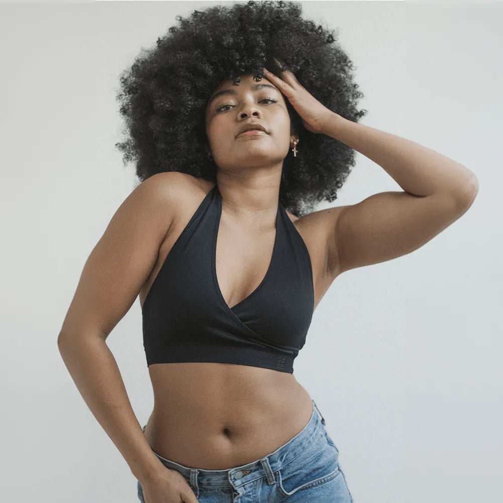 HUG Backless Halter Bra and Open Back Halter Bralette for teen girls and women, fits AA to DDD cup sizes.858992007060 black