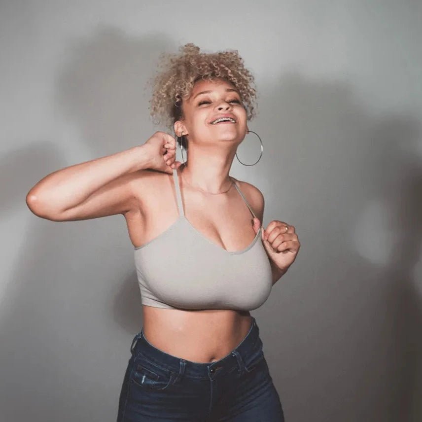 SOFT CROP BRALETTE by BRABAR. This super soft crop top bra fits sizes A-DDD, ideal for teens and women. Multi-way Bra, gray