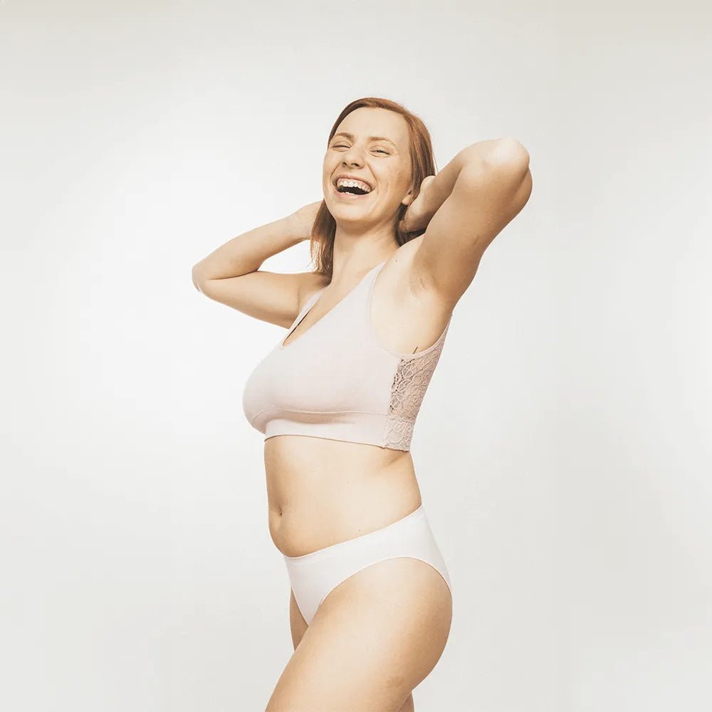 SOFT V LACE CROP BRALETTE by BRABAR. Reversible lace back bra top fits A, B, C, D, DD/E, DDD/F cup sizes. Best bralettes pink