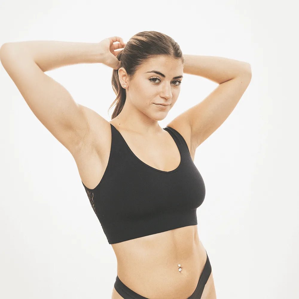 SOFT V LACE CROP BRALETTE by BRABAR. Reversible lace back bra top fits A, B, C, D, DD/E, DDD/F cup sizes. Best black bralet