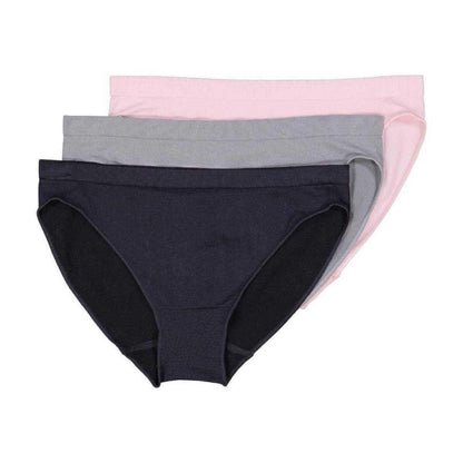 Packaging for BRABAR Comfy Hi-Leg Bikini Underwear 3-pack in Black, Ballet Slipper, and Natural Grey
